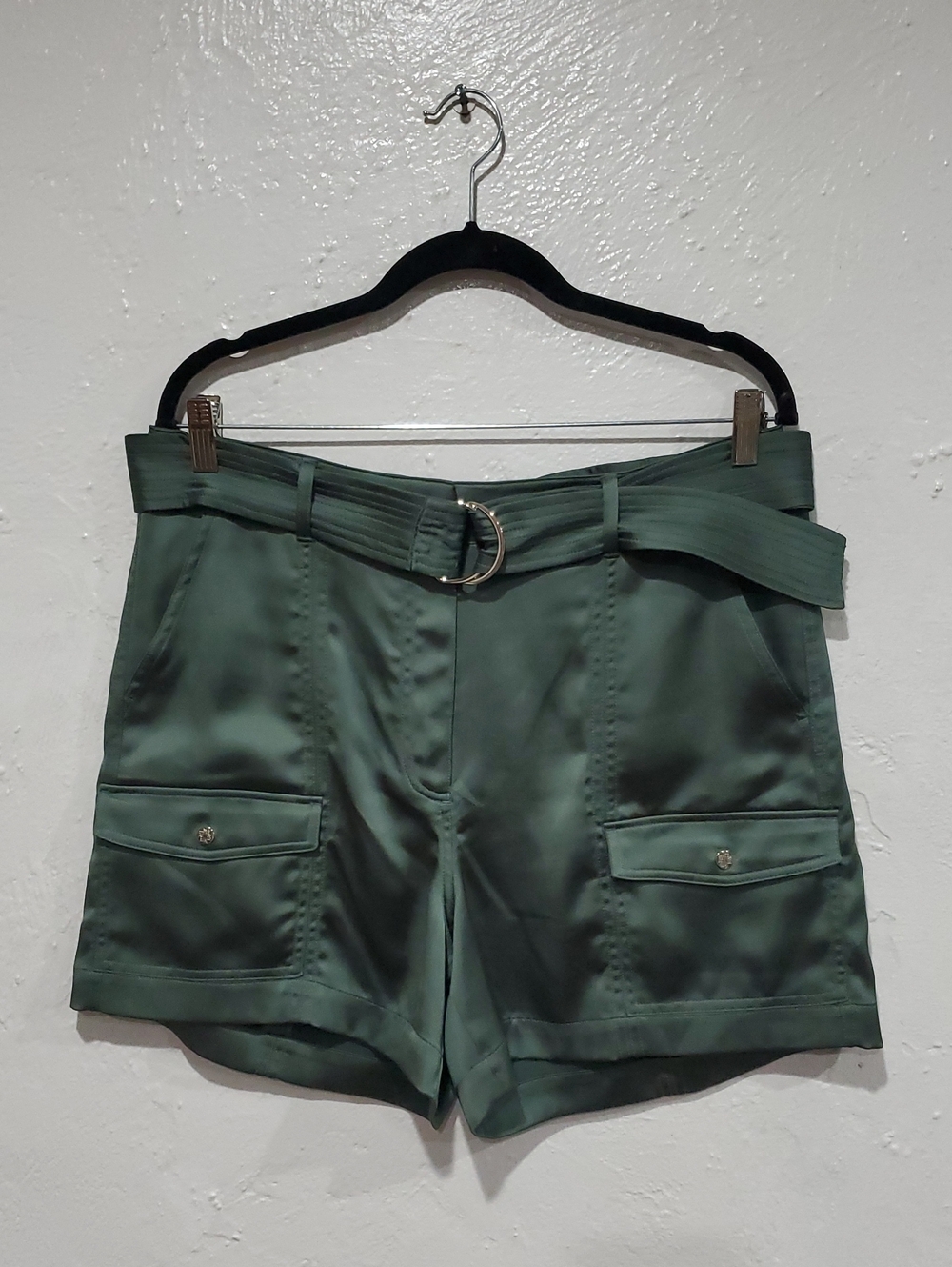 White House Black Market Satin Shorts In Green with Belt Size 12